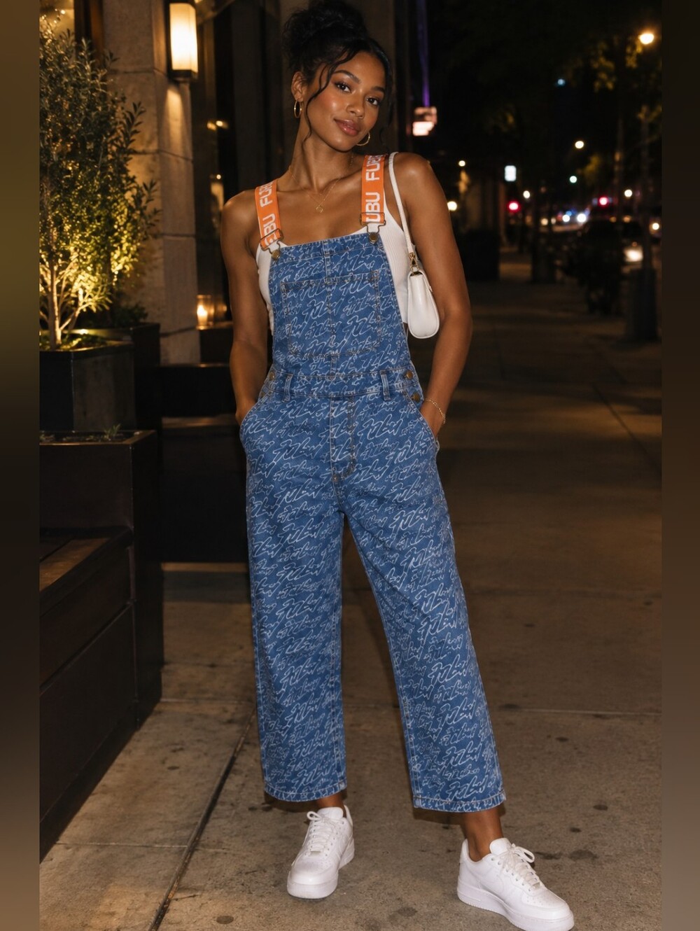 FUBU Denim Logo-Print Overalls with Orange FUBU Straps, New With Tags